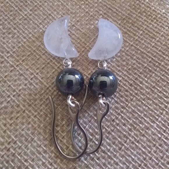 Emotional Balance: Handmade Quartz Moon & Hematite Dangle Earrings - Picture 7 of 9
